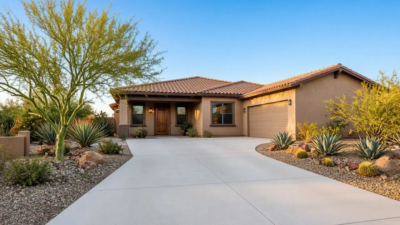Clean concrete driveway in front of a stucco home in the desert