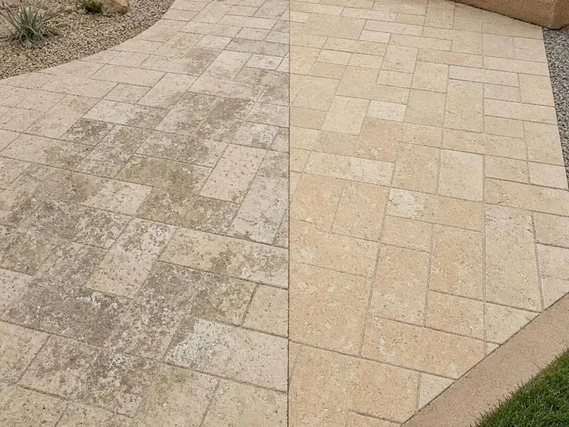 Paver patio, left half dirty and right half freshly cleaned