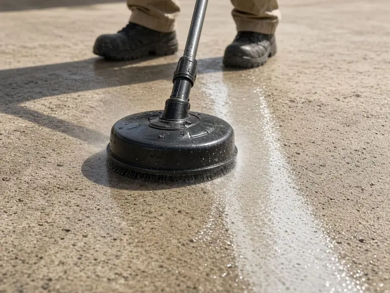 Surface cleaner leaving a clean stripe across dusty concrete